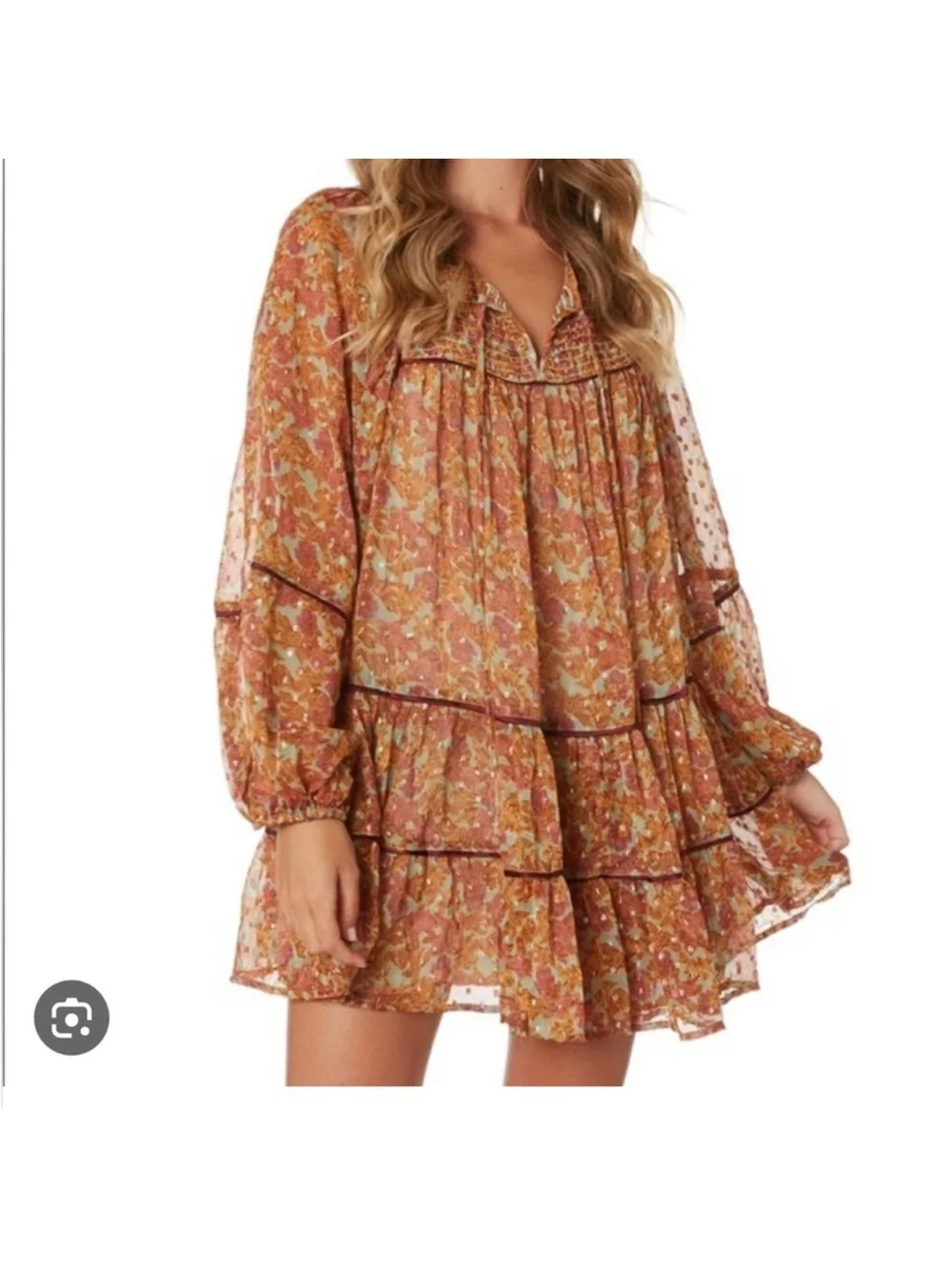 Free People Floral Ruffle Tiered Mini Dress in Rust Multi